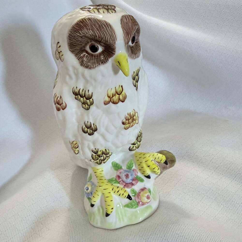 Vintage MMA Ceramic Owl Figurine on Branch with Flowers Hand Painted Metropolita
